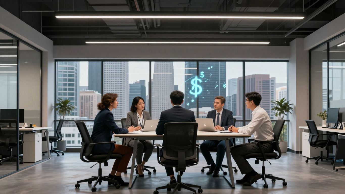 Professionals discussing crypto fund growth in a modern office.