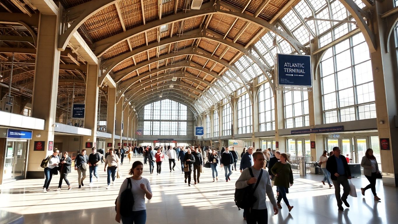 Atlantic Terminal concourse with commuters and natural light.