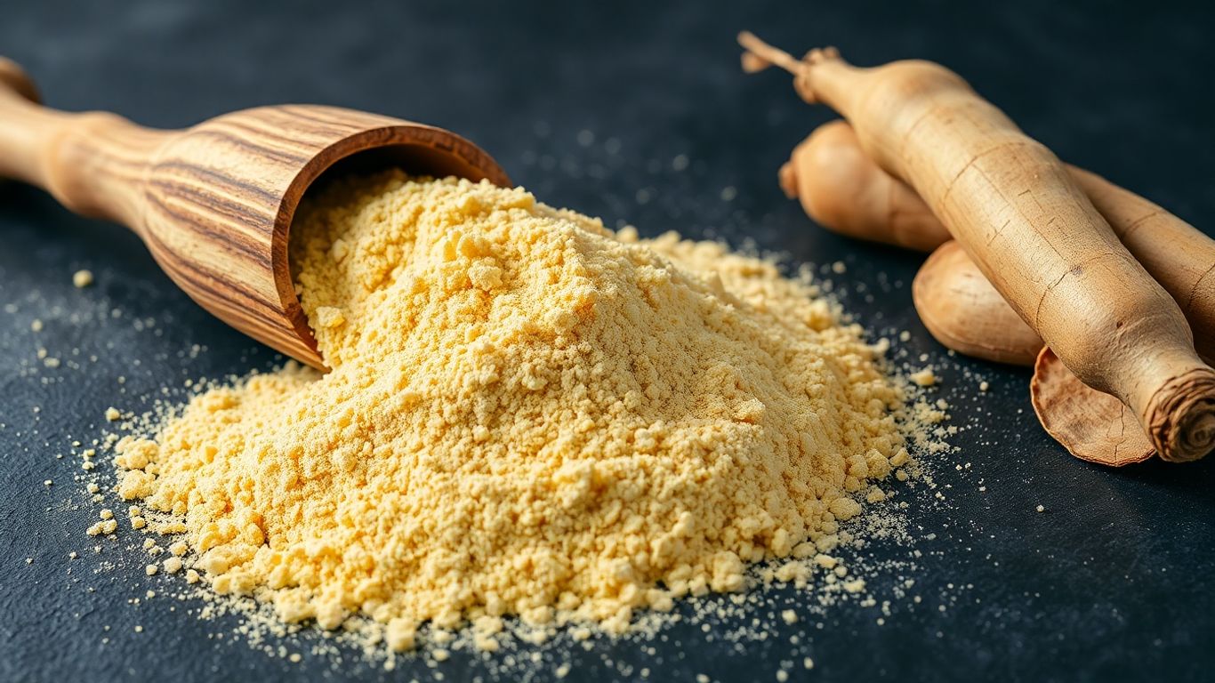 Farinha de mandioca dourada em colher de madeira com raízes.