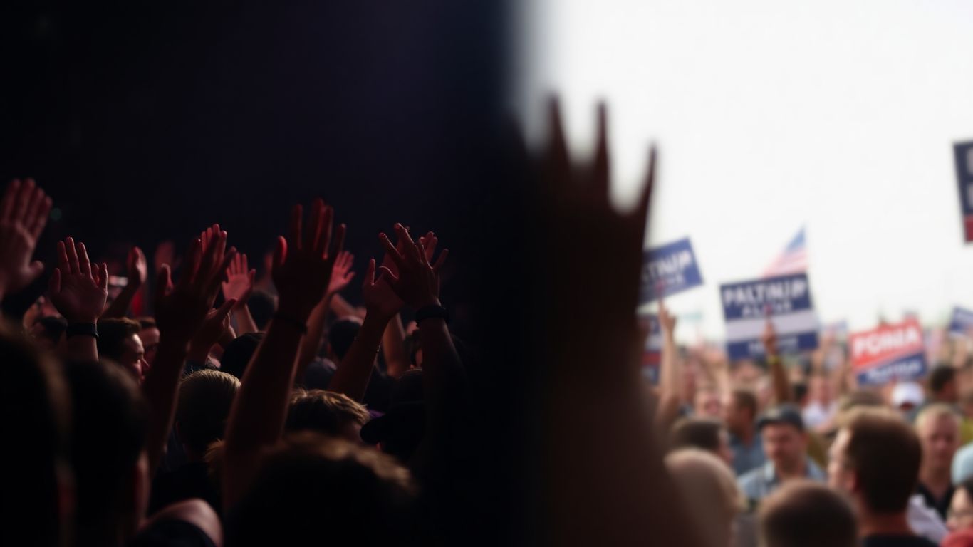 Oameni votând emoțional în fața unui podium politic.