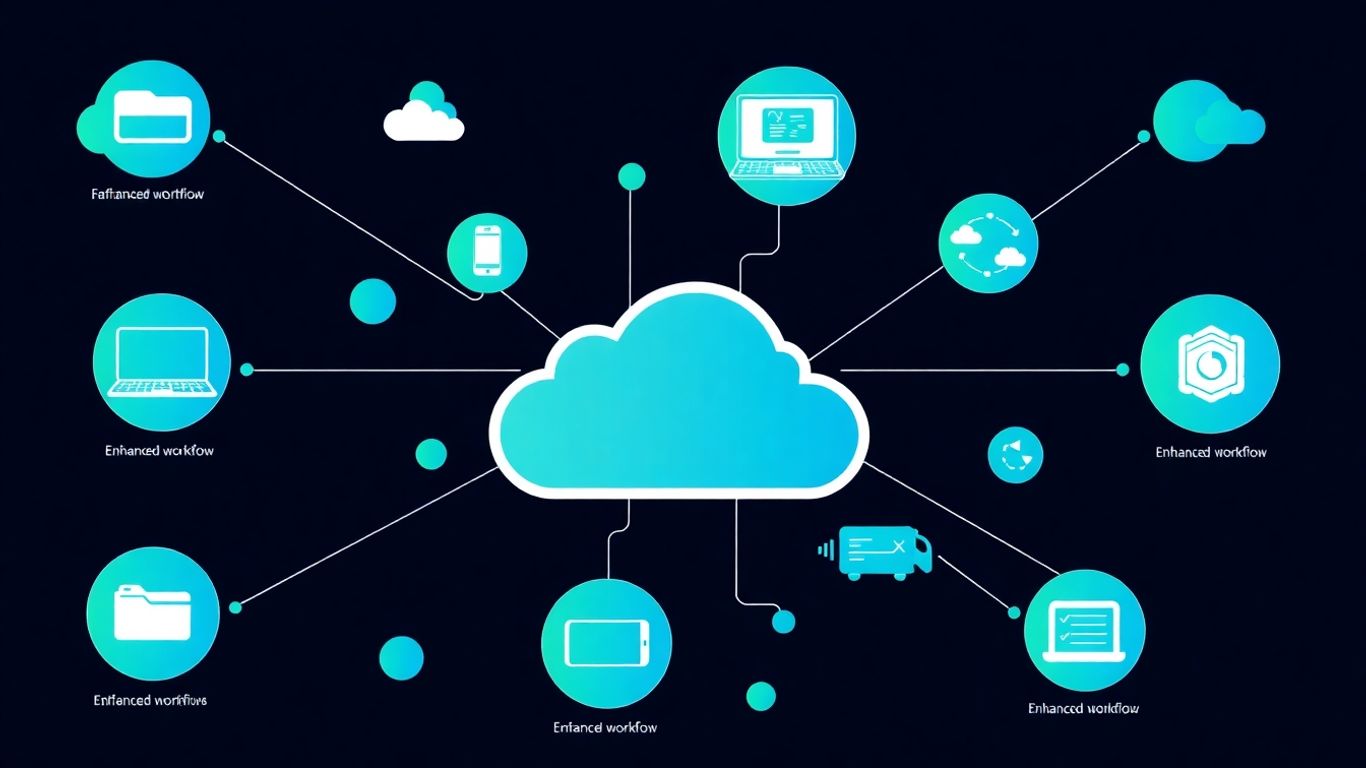 Cloud productivity tools infographic with abstract digital elements.