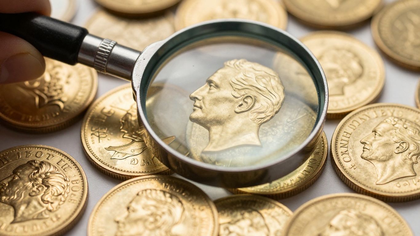 Gold coins with magnifying glass showing purity.