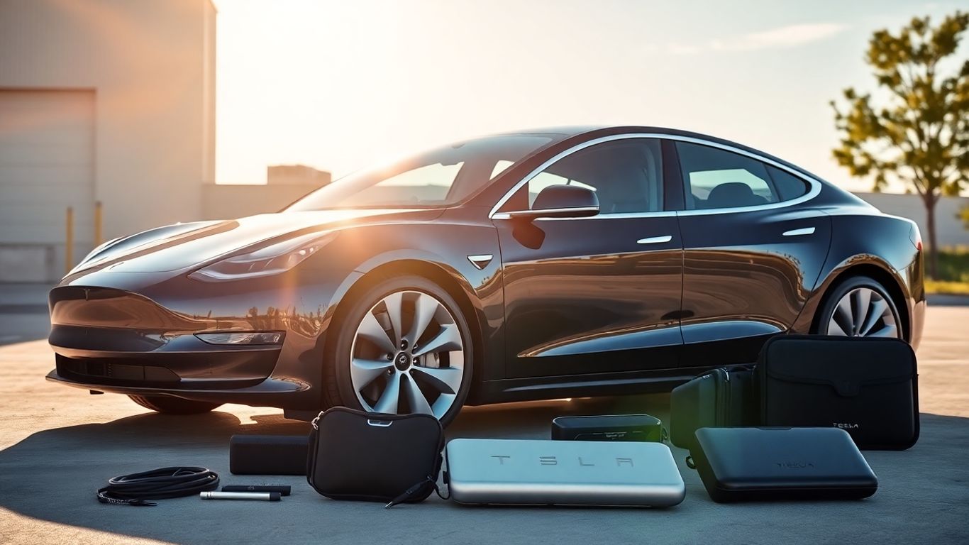 Tesla car with accessories for affiliate marketing.