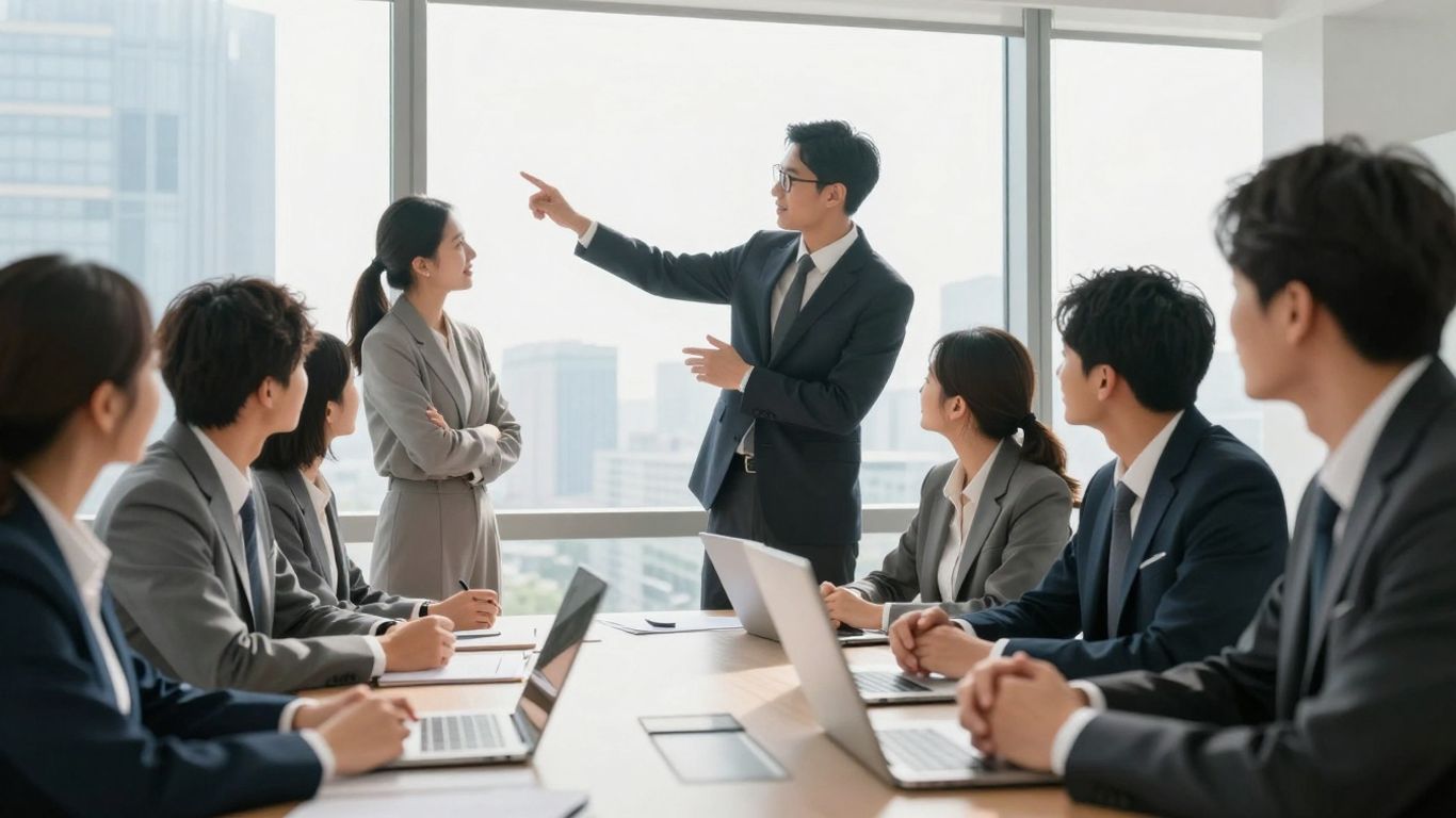 Professionals discussing wealth management in a modern office.
