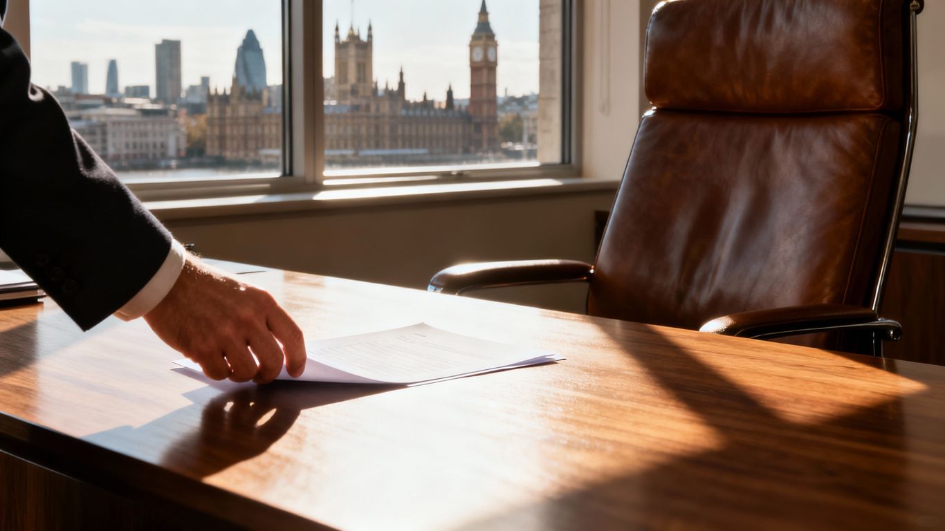 Lawyer's office with UK city view.