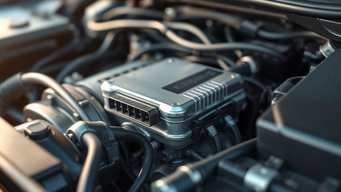Close-up of a car's Engine Control Unit (ECU) and wiring.