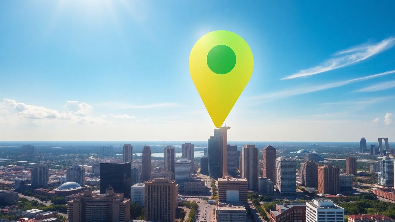 Orlando skyline with a glowing Google Maps pin.
