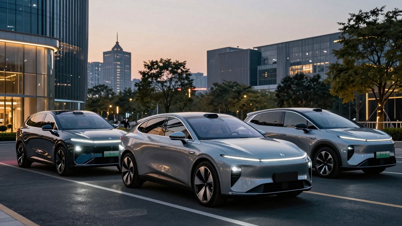Luxury electric SUVs in a modern cityscape at dusk.