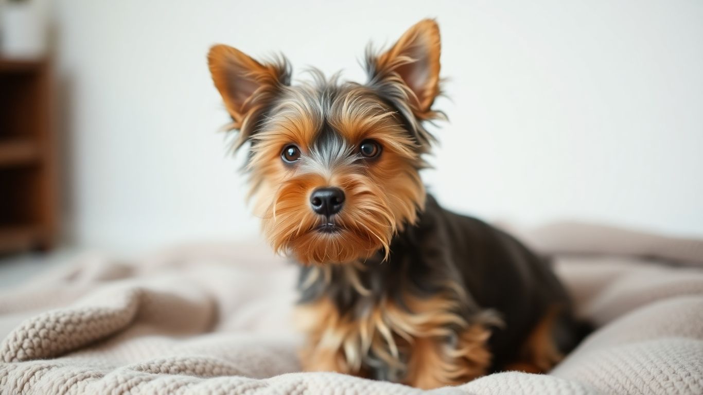 Norfolk Terrier Hund sitzt auf einer Decke