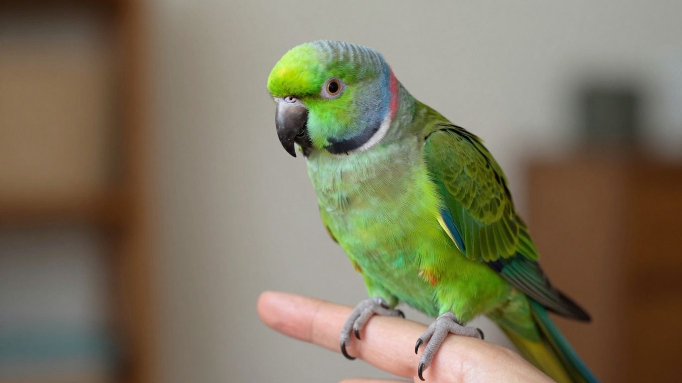 Moustache Parakeet perched on a finger, ready for a home.
