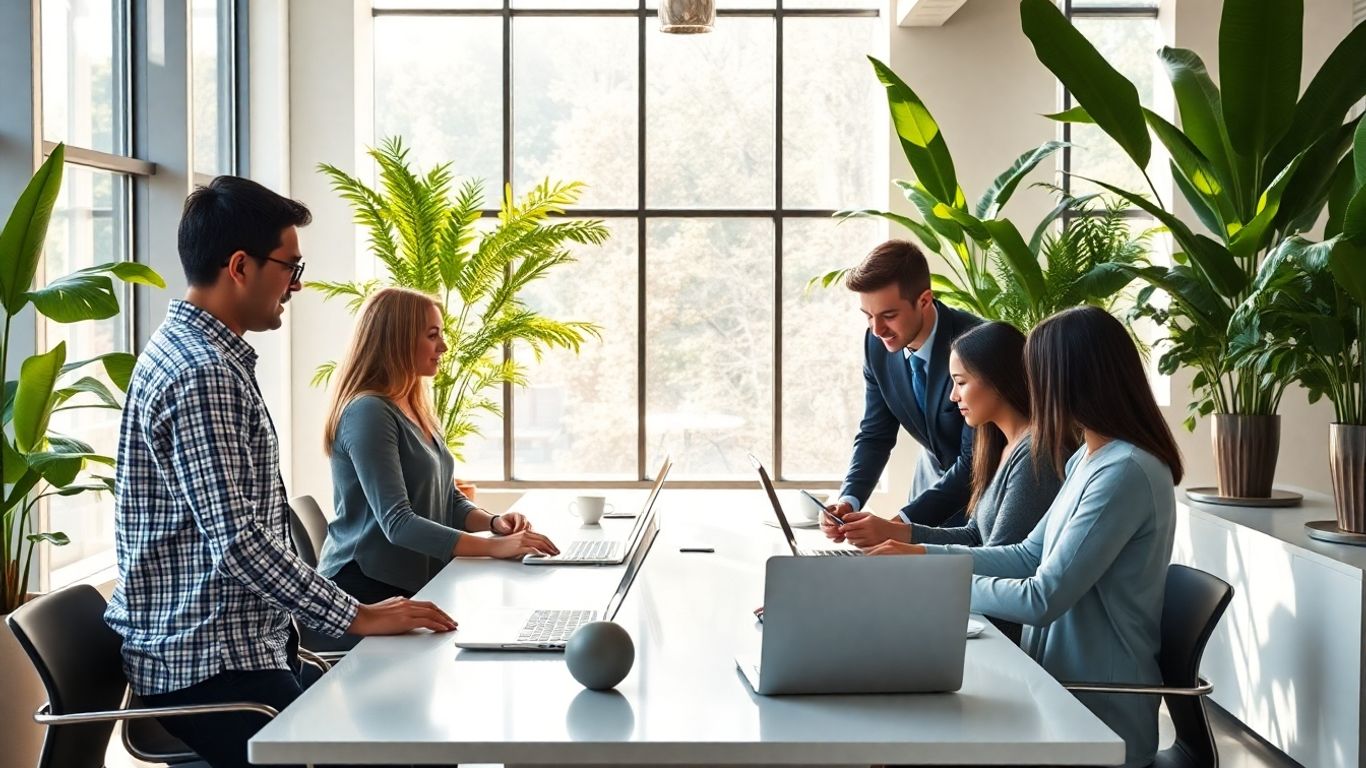 Educational technology professionals collaborating in a modern office.