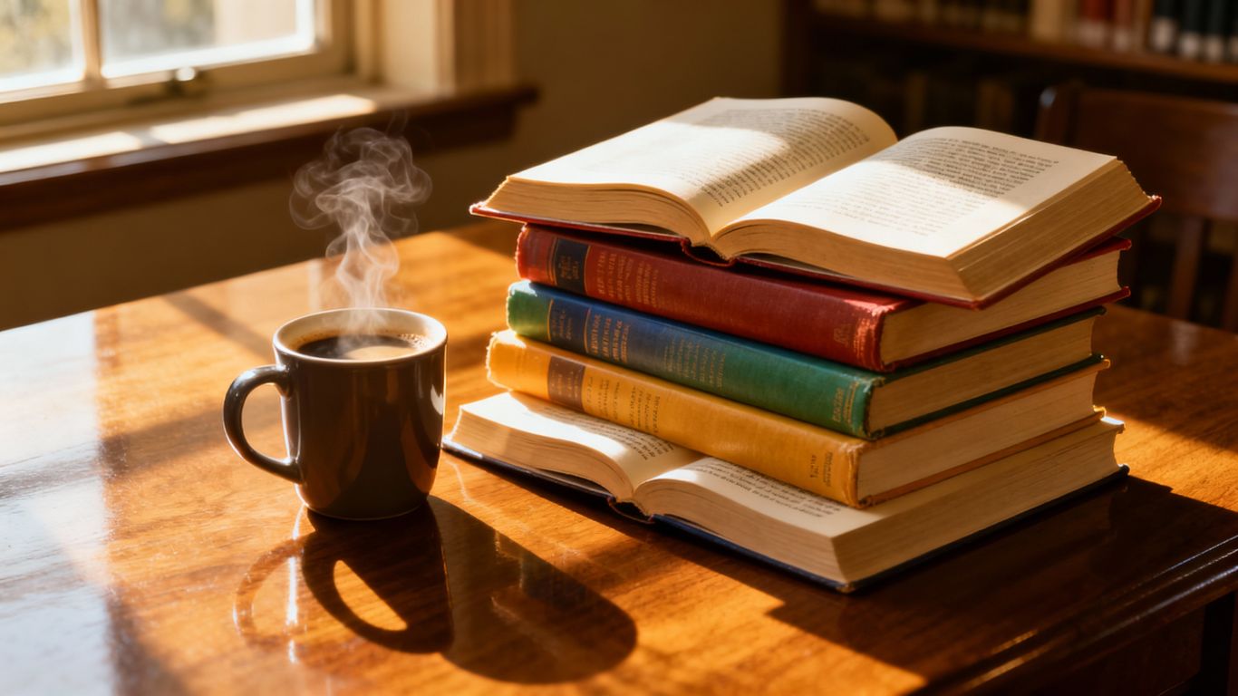 Stack of open books with coffee, bathed in sunlight.