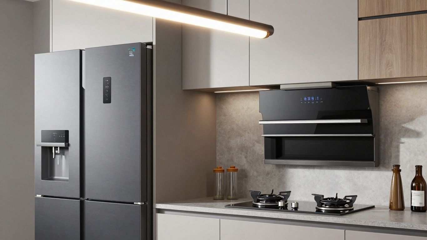 Electrocasnice eficiente și iluminat LED într-o bucătărie modernă.