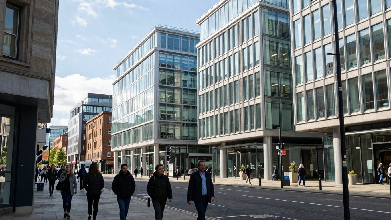 Hull cityscape with modern buildings and busy street.