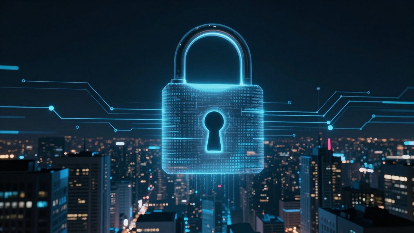 Futuristic city with digital circuits and a protective padlock.