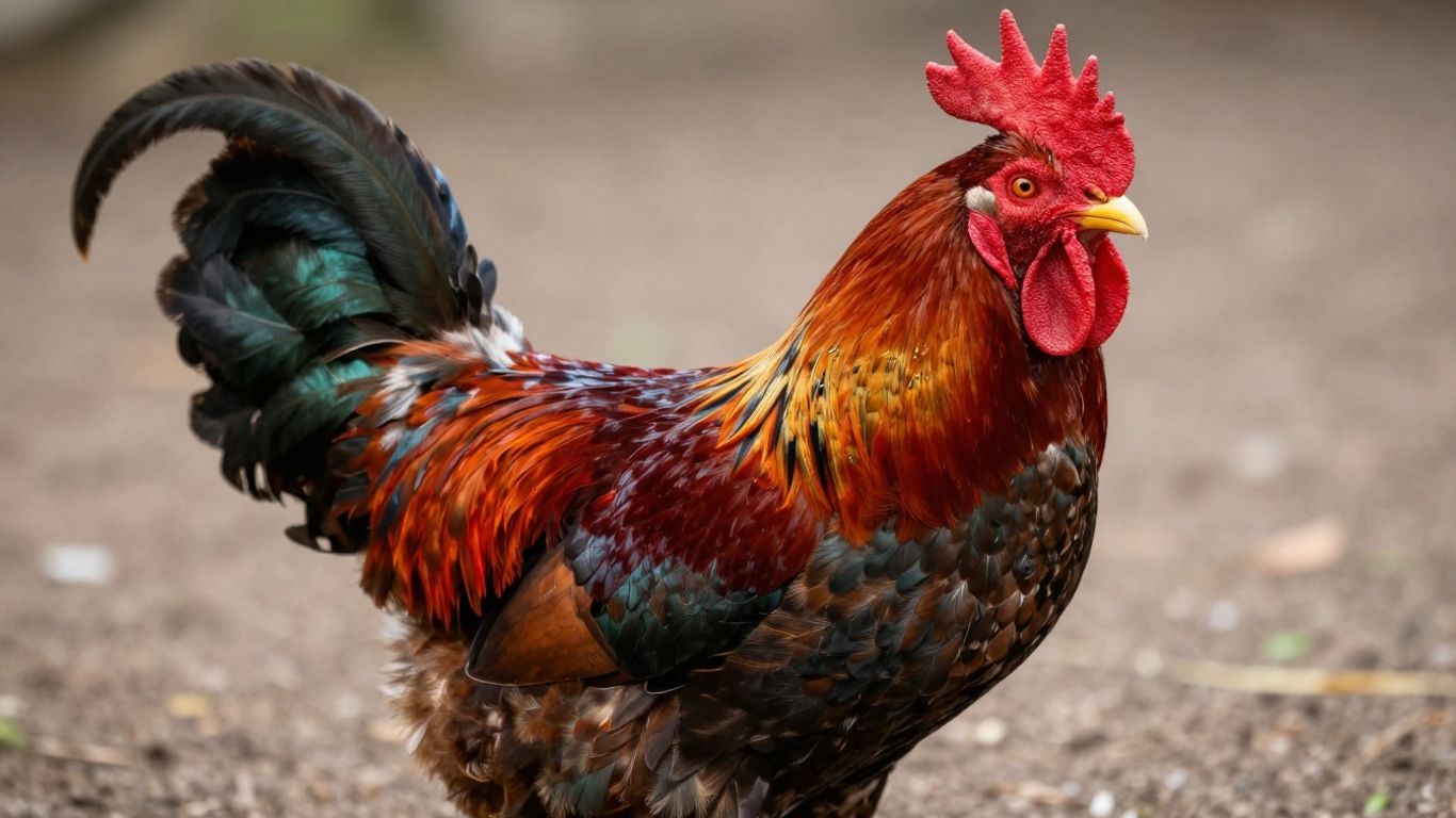 Muscular fighting rooster with vibrant plumage and sharp spurs.