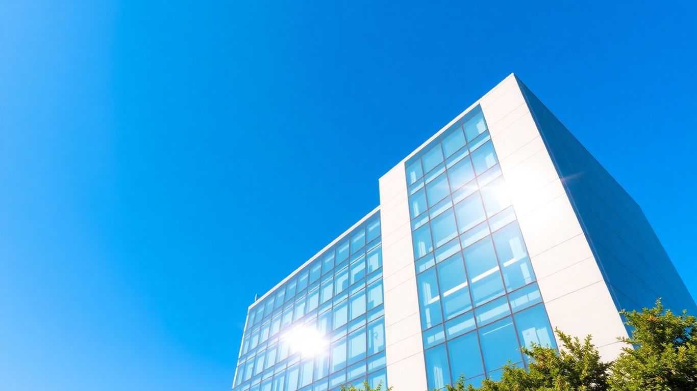 Prédio moderno do Itaú com céu azul e sol.