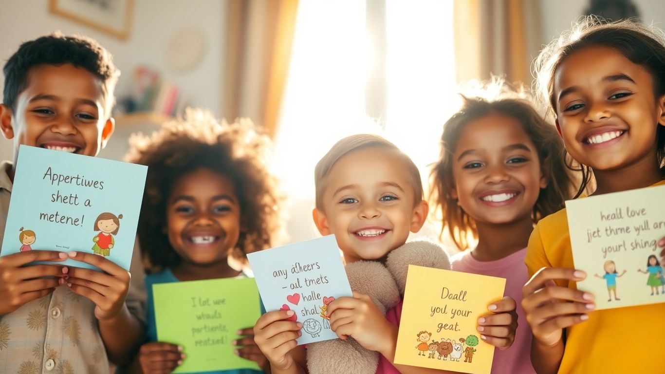 Children happily holding affirmation cards and a plush toy.