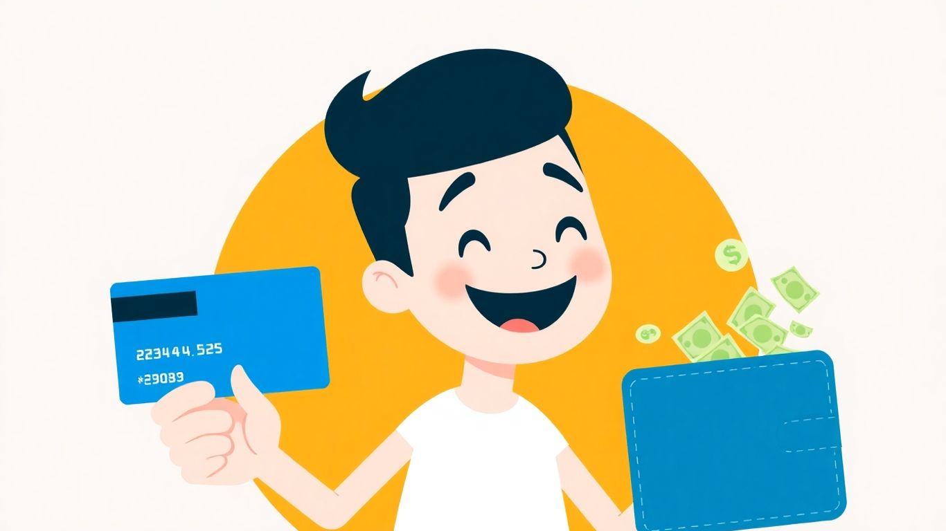 Cartoon character receiving money into wallet with debit card.