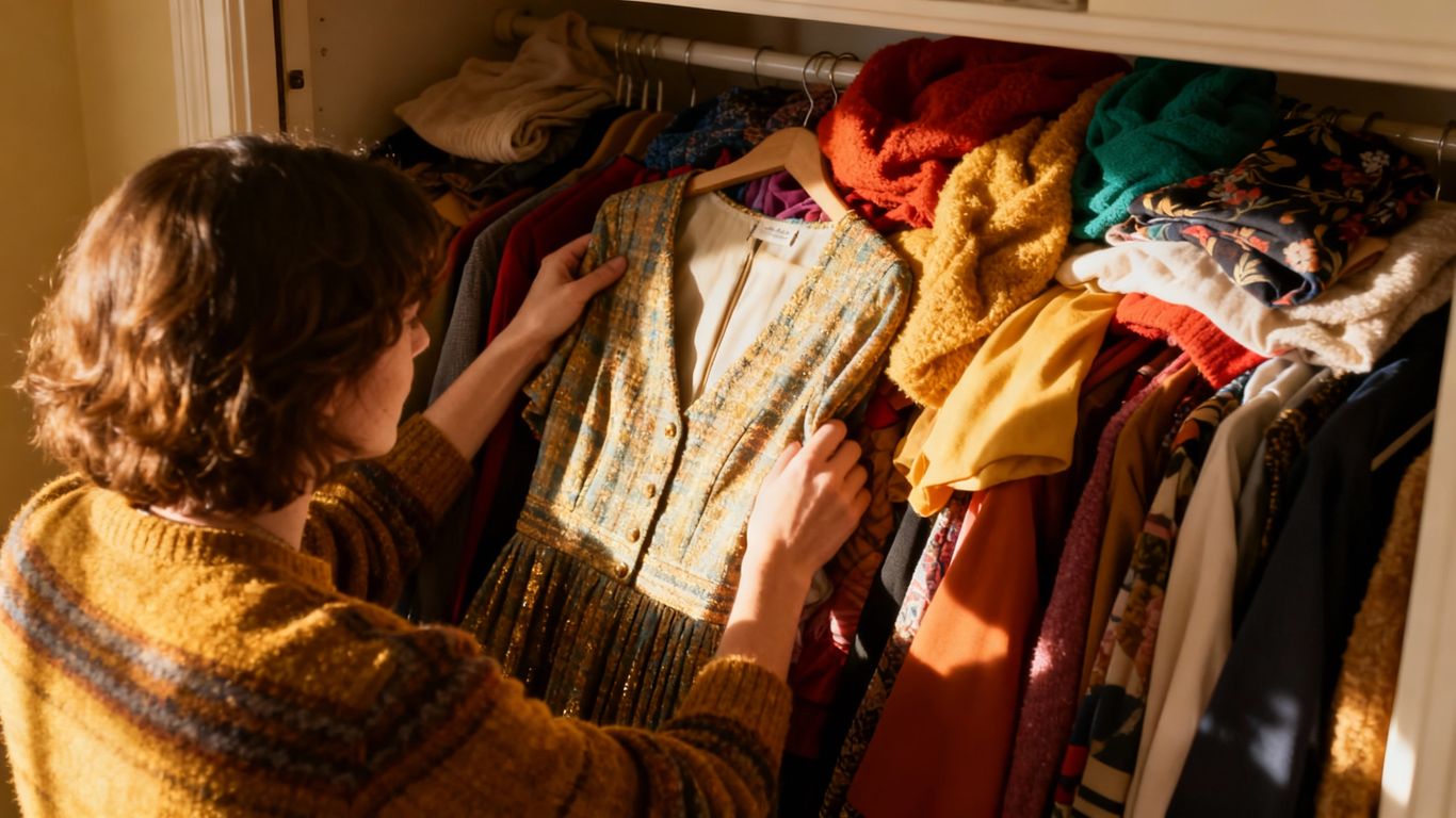 Person finding personal style in a messy closet.