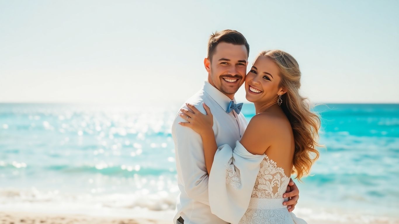 Couple embracing on a Cabo beach with ocean backdrop.