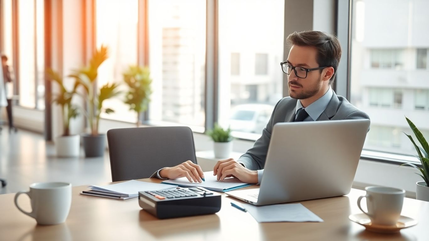 Empresário a trabalhar em escritório com computador e papéis.