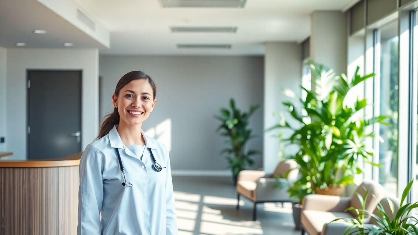 Clinic reception with a welcoming receptionist.