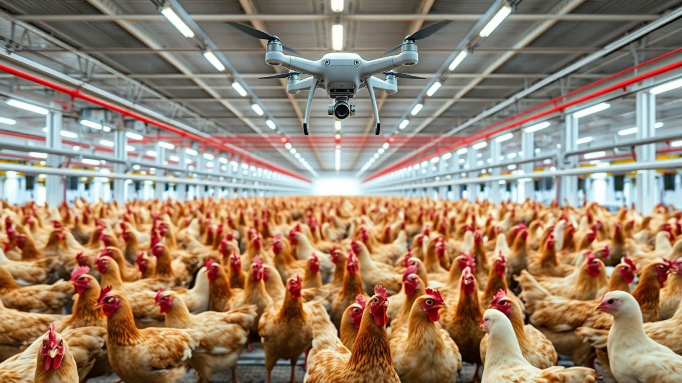 Advanced poultry farm with drones and automated systems.