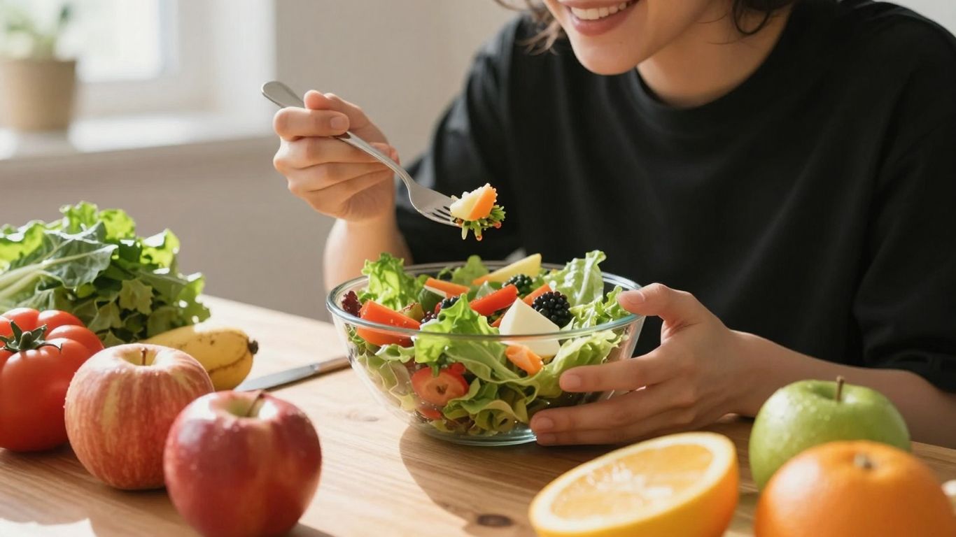 Persoană mâncând o salată colorată, înconjurată de fructe și legume.