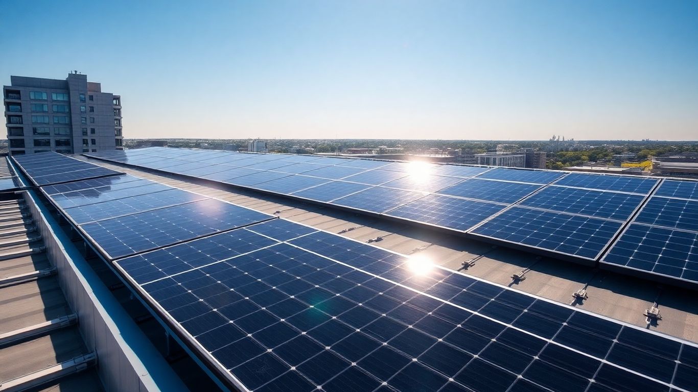 Commercial building rooftop solar panels under sunlight.