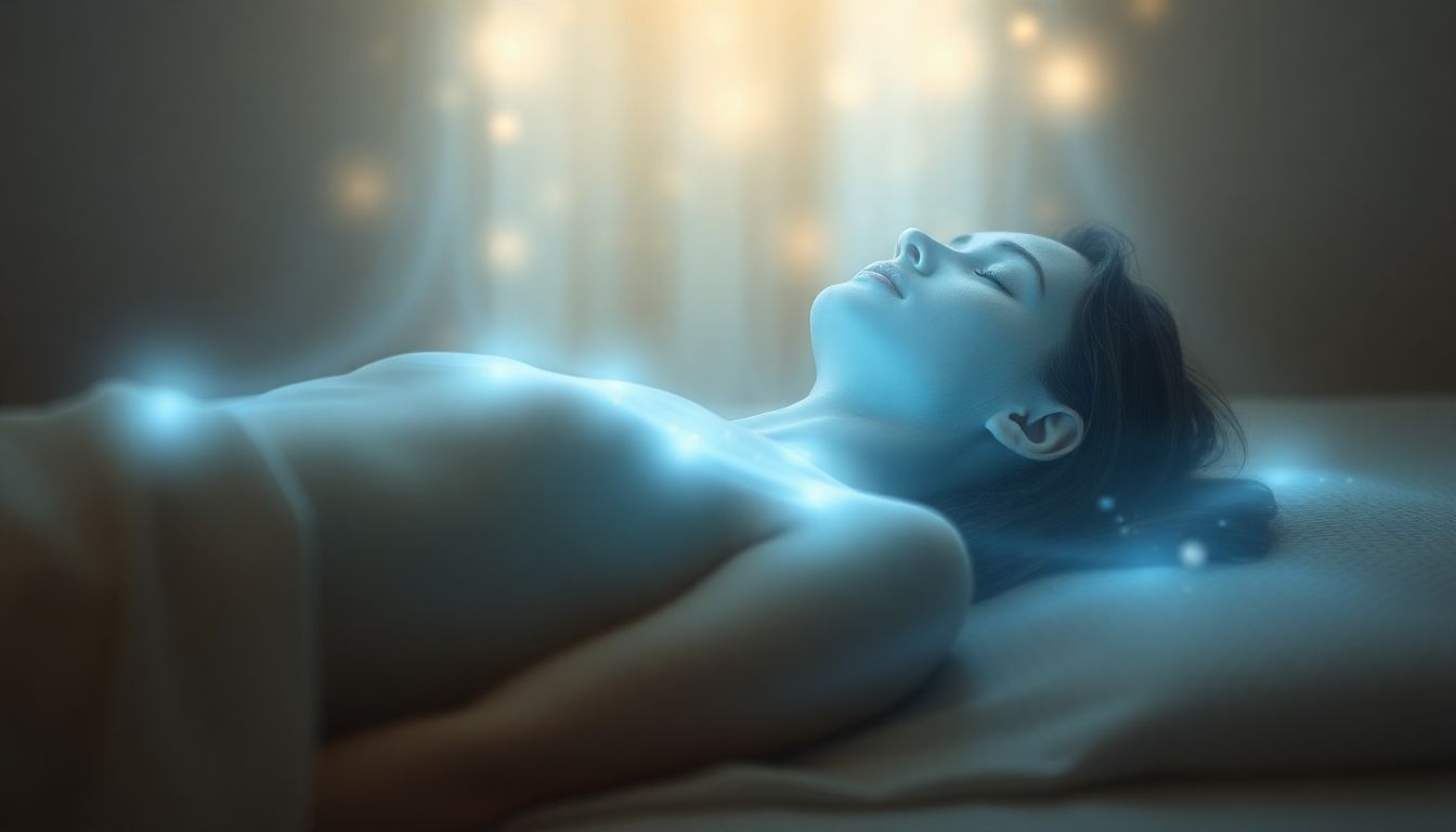 Person receiving energy healing, looking relaxed and peaceful.