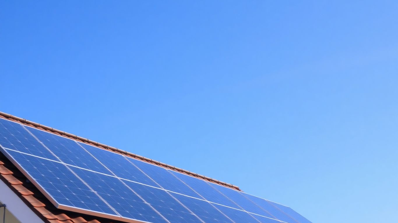 Solar panels on a roof under a blue sky.