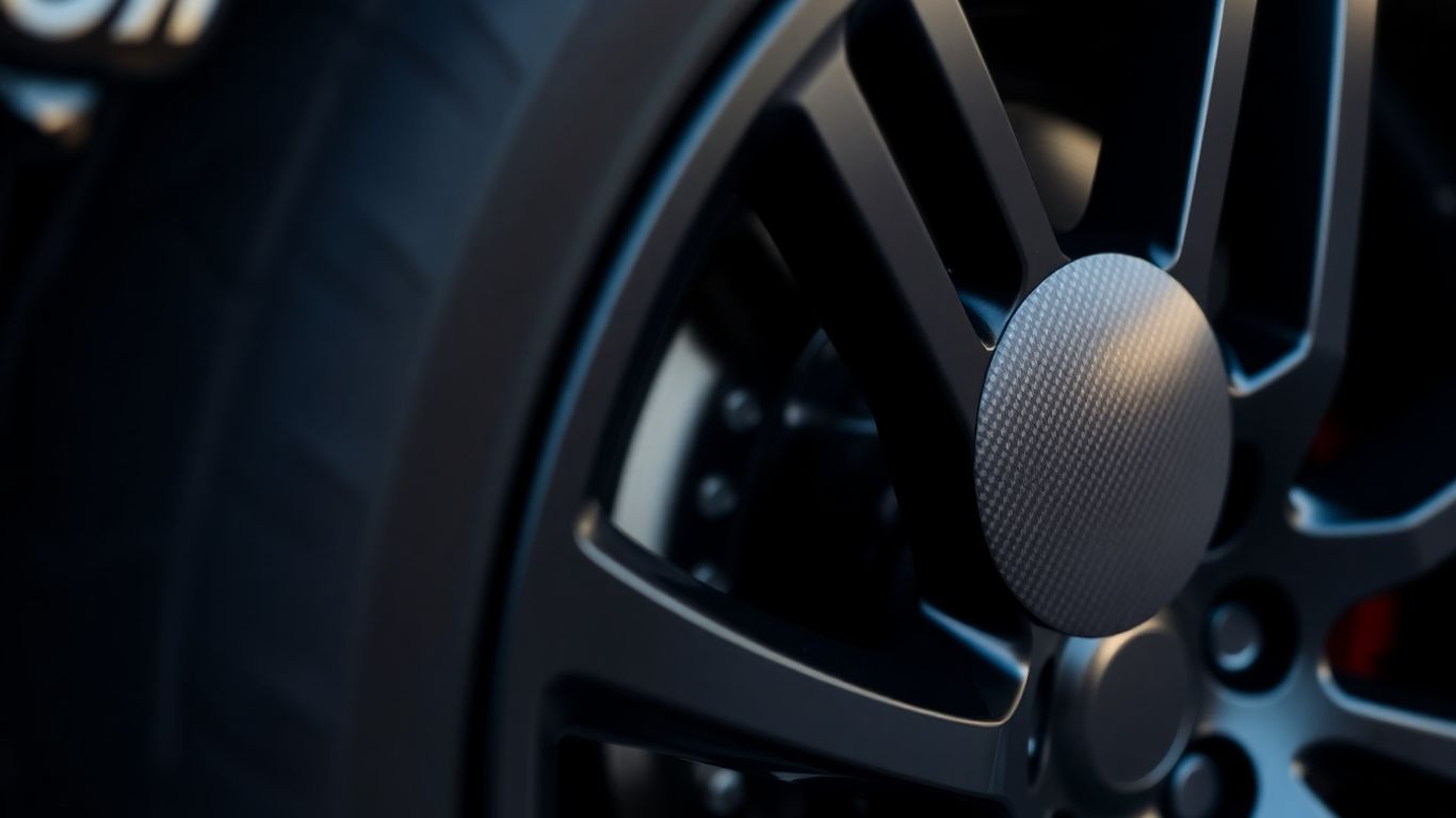 Custom carbon fiber tire cap on a car wheel.