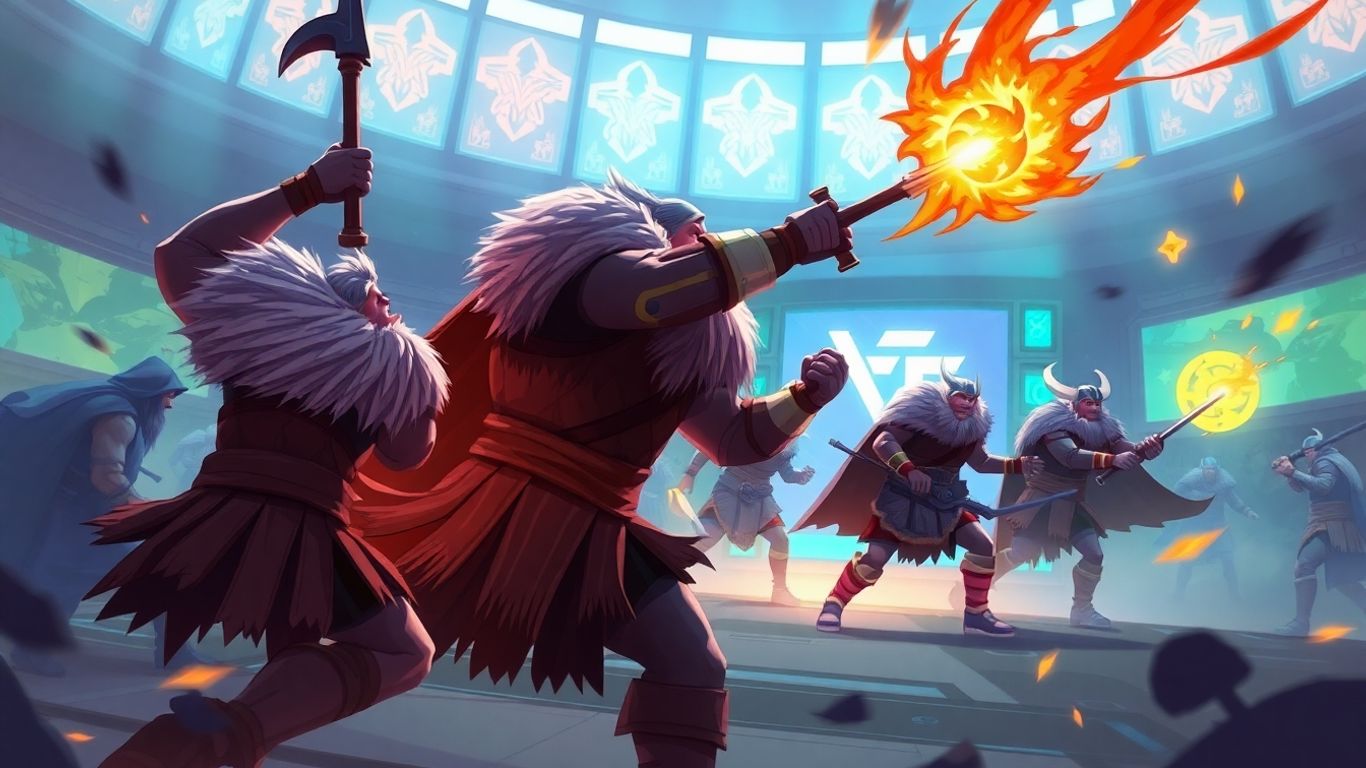 Viking esports players in battle, futuristic arena, game energy
