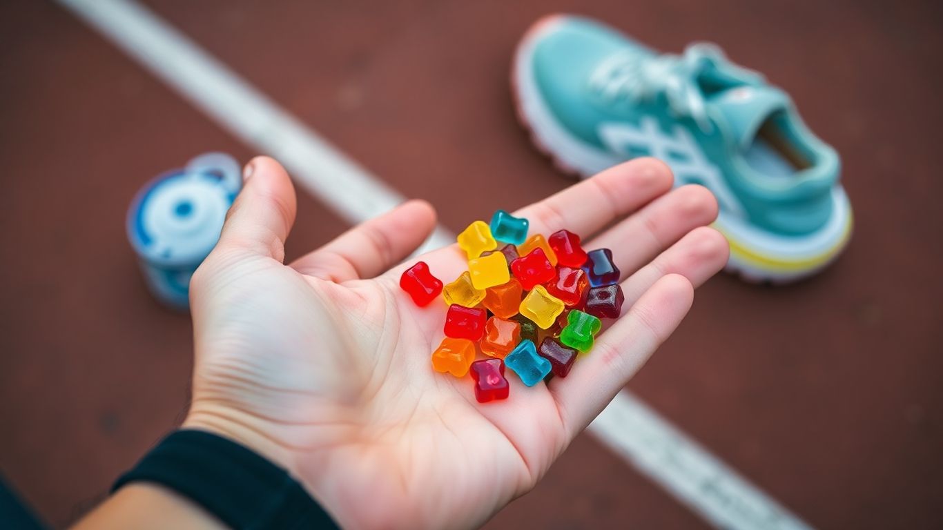 Runner holding colorful carbohydrate supplements
