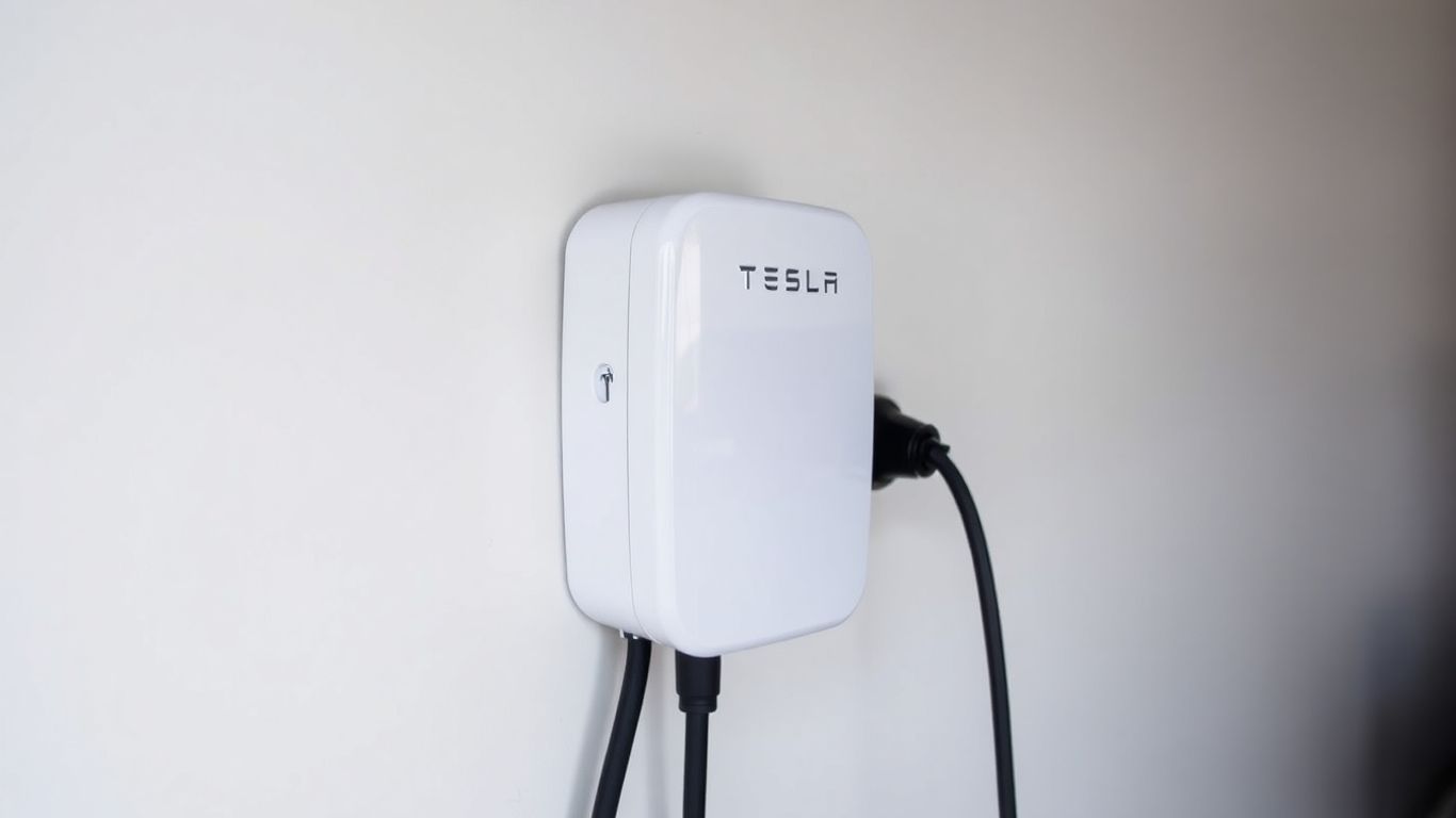 Tesla Universal Wall Connector charging an electric vehicle.