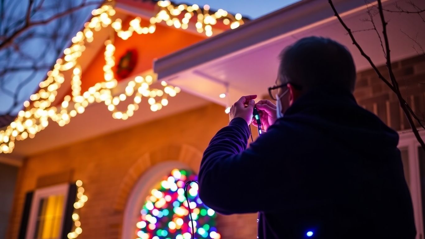 Christmas lights installation on a house exterior