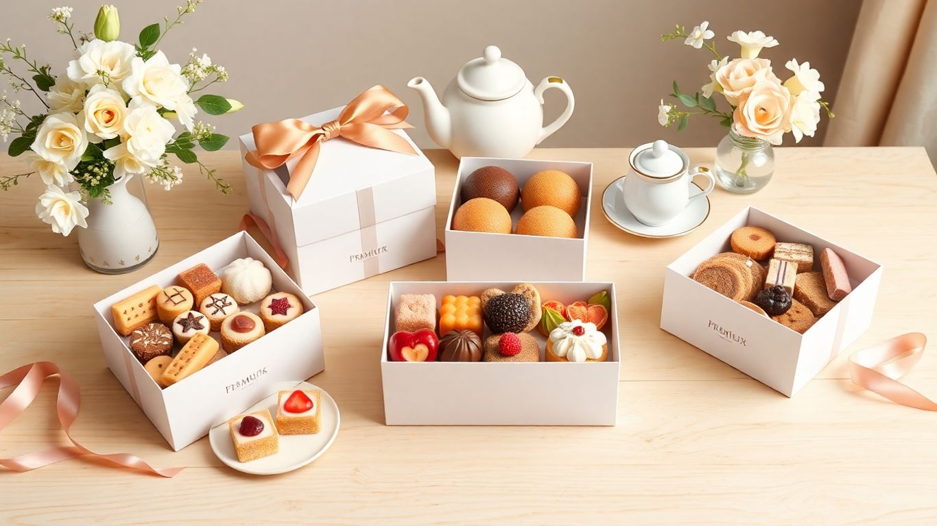 กล่องขนมพรีเมียมวางกับขนมน่ากินและดอกไม้สวย