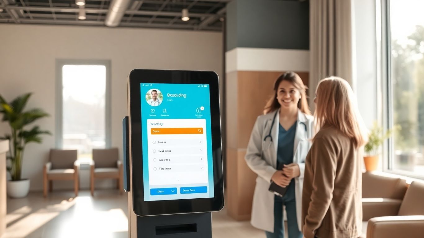 Clinic reception with patient self-booking kiosk.