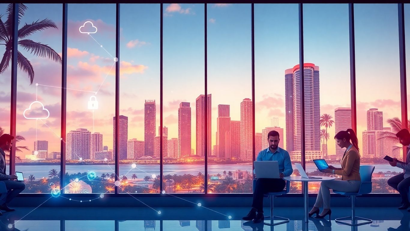 Miami city skyline with tech and business professionals