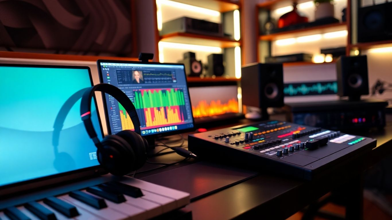 Laptop with music software, MIDI keyboard, studio headphones.