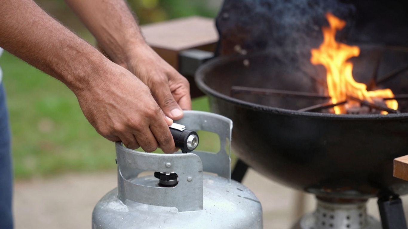 Hands connecting propane tank to a gas grill.