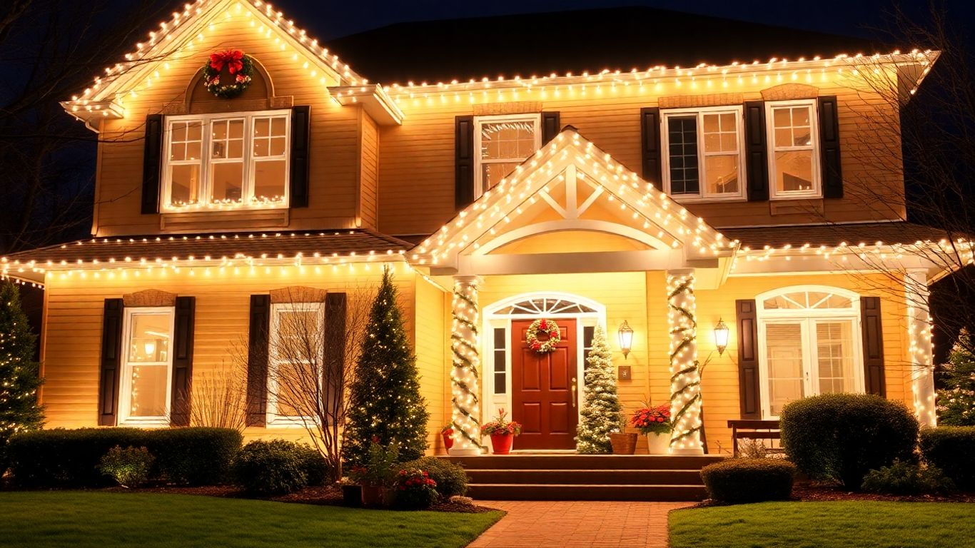 House with permanent Christmas lights glowing warmly at night.