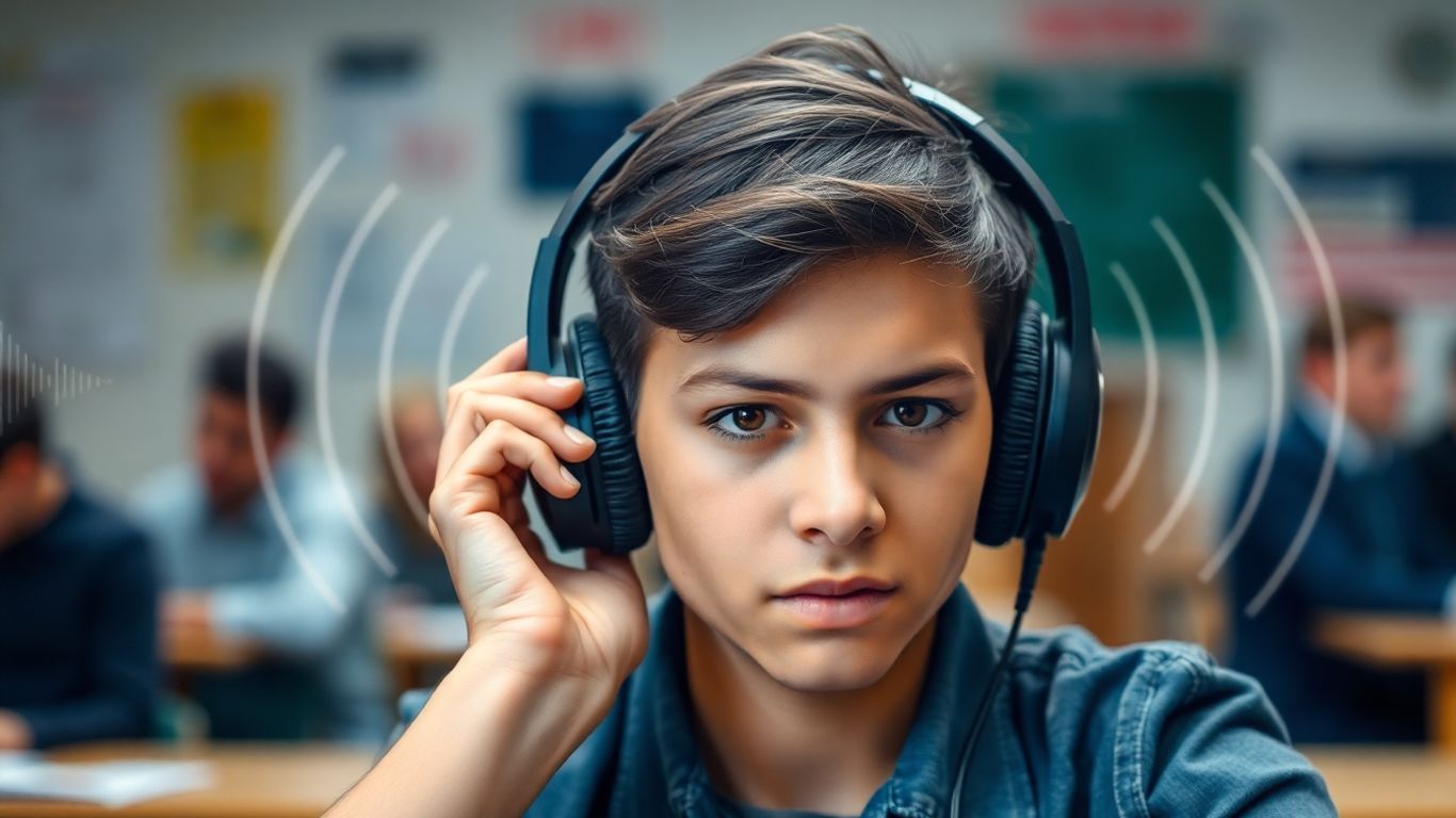 Student wearing headphones, preparing for IELTS listening test.