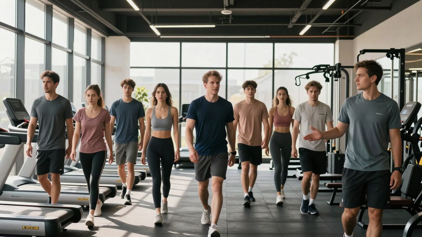 First-time gym members entering a welcoming fitness center.