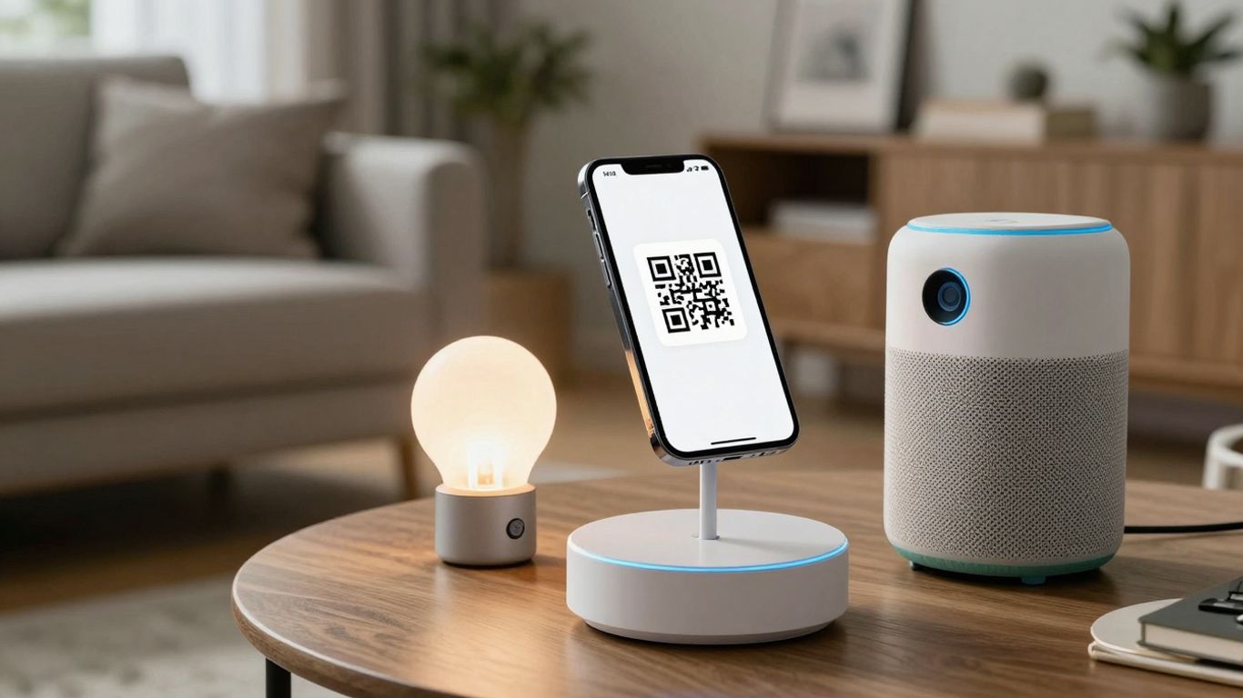 Smartphone scanning QR code for smart home automation