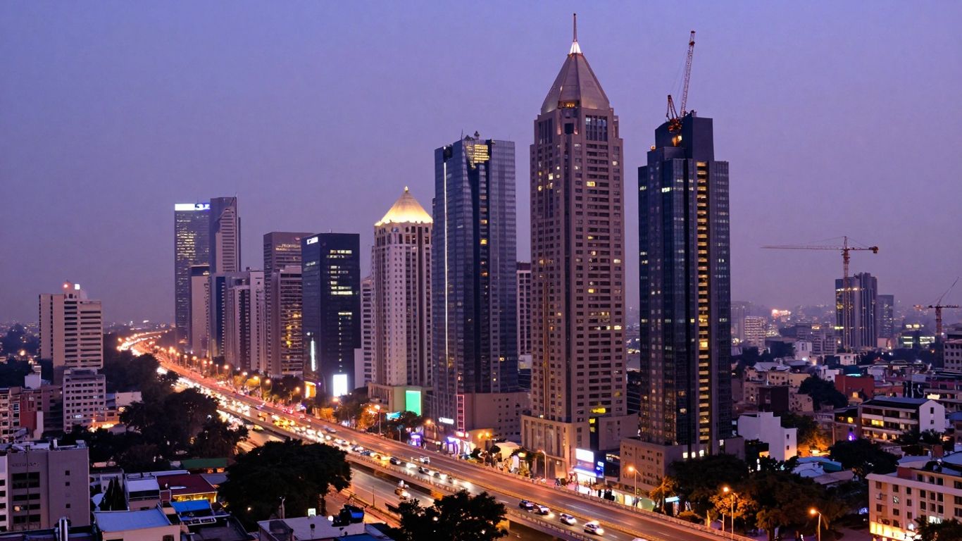 Indian cityscape with skyscrapers, highways, and construction.
