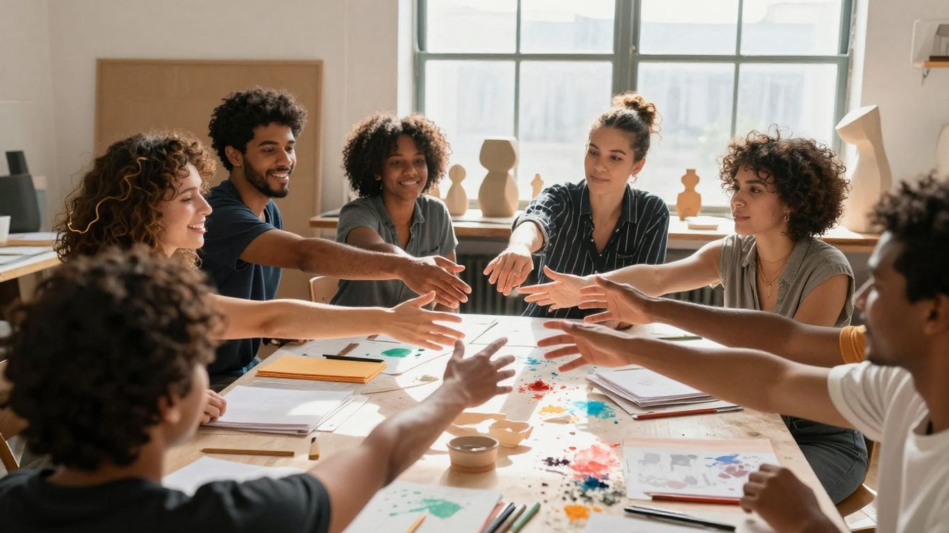 Australian artists working together in a sunlit studio.