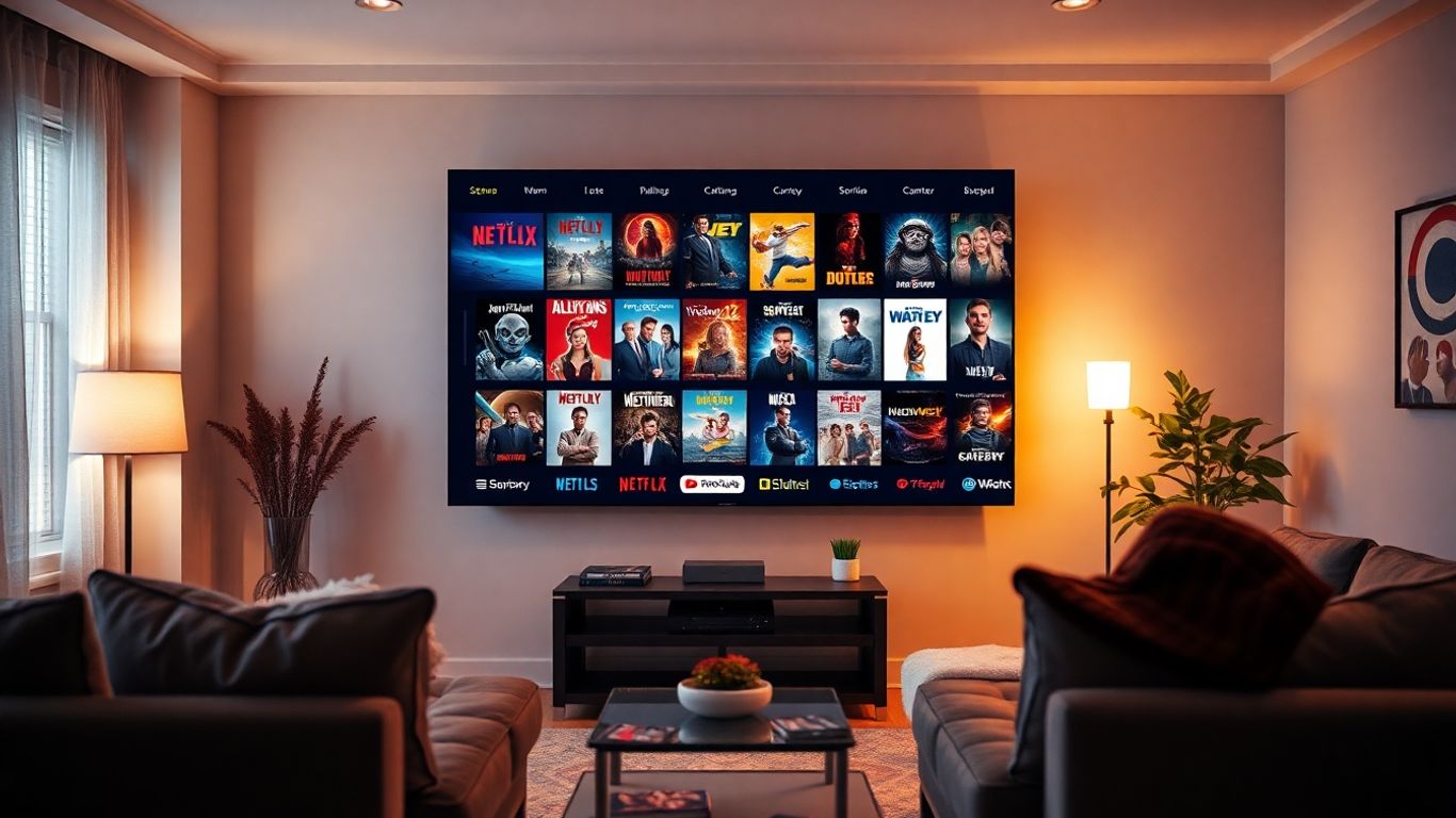 Tela de TV com pôsteres de filmes e logos de streaming.