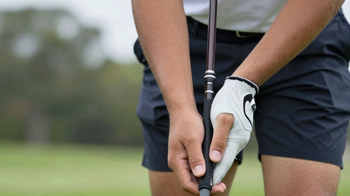 Golfer's hands using a golf grip trainer on a club.